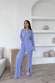 Açık Lila Yırtmaçlı Fitilli Gömlekli Kadın Oversize Takım SY-0465-Açık Lila