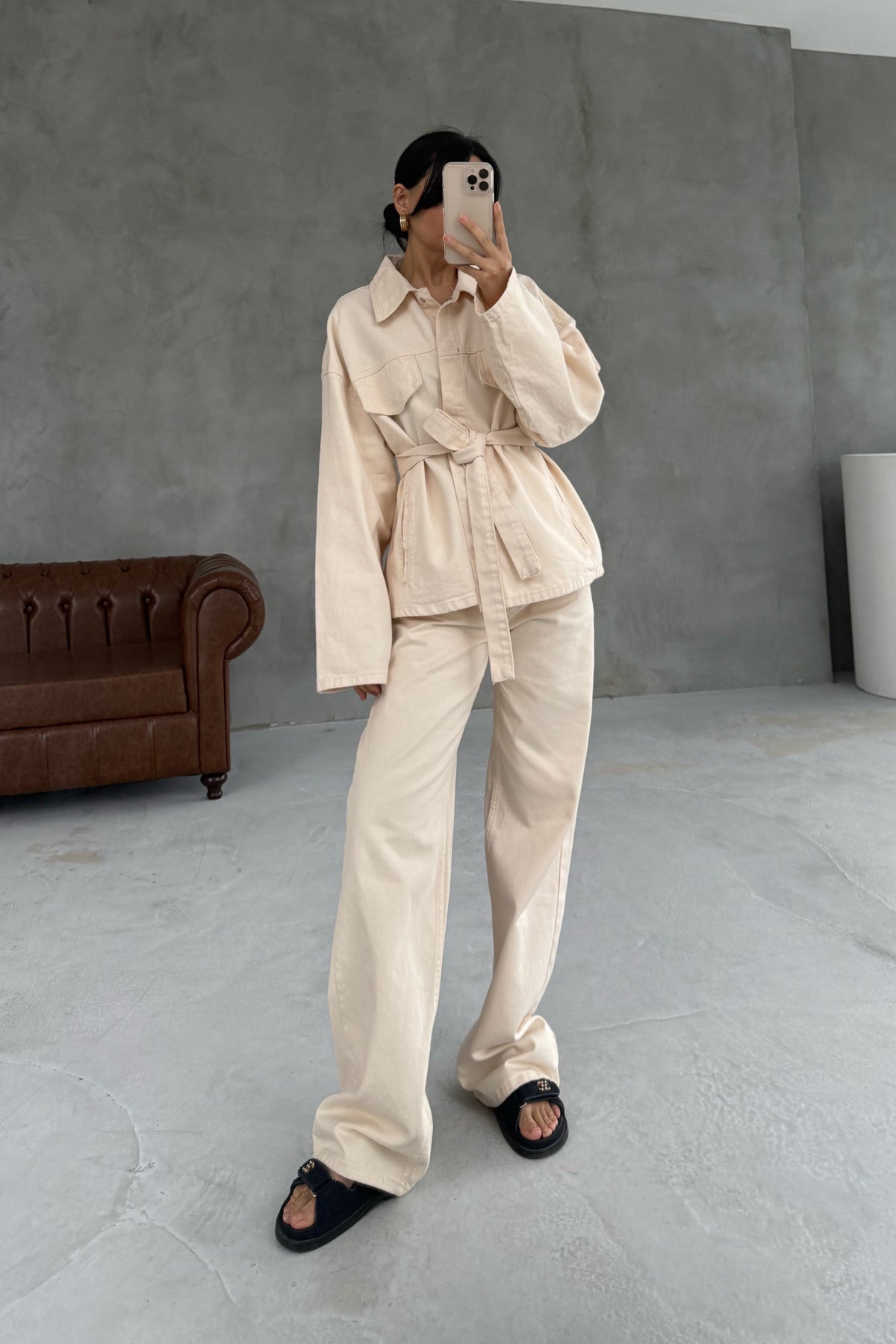 Krem Beli Bağlamalı Denim Ceket Pantolon Takım SY-2884-Krem