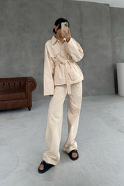 Krem Beli Bağlamalı Denim Ceket Pantolon Takım SY-2884-Krem