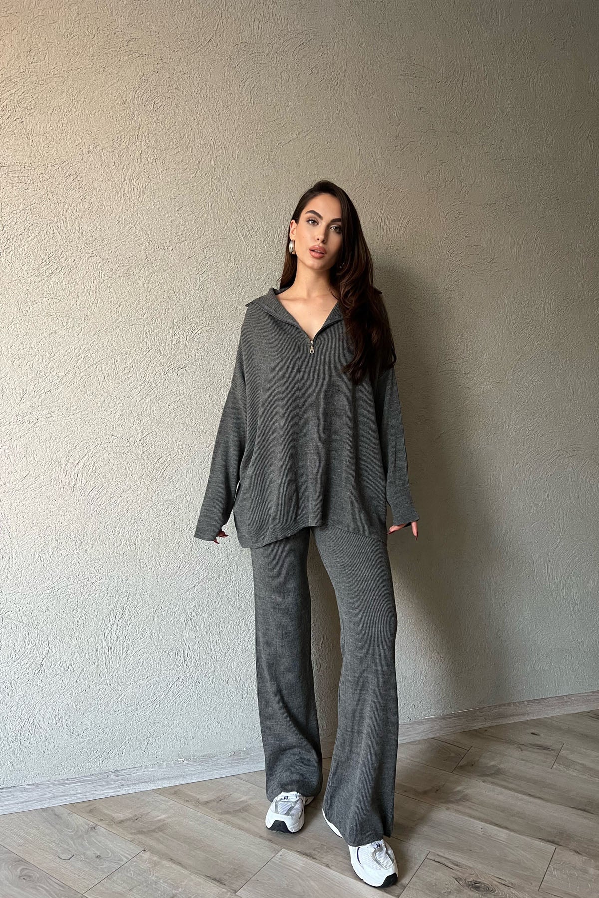 Antrasit Fermuarlı Fitilli Oversize Kazak ve Pantolon Takımı SY-1257-Antrasit