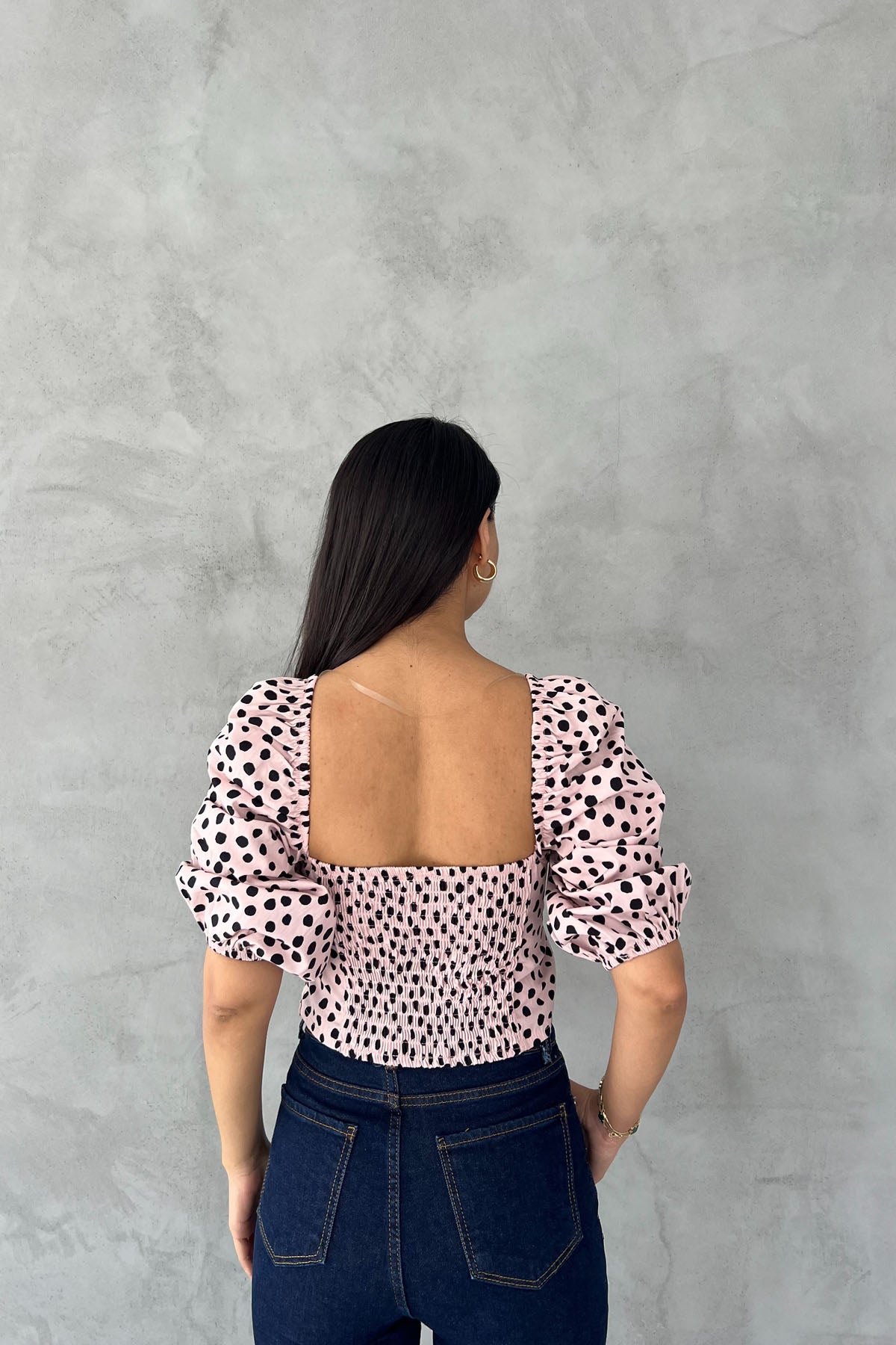 Pudra Puantiyeli Önü Bağlama Detaylı Crop SY-2538-Pudra