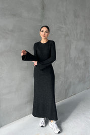 Antrasit Yumoş İspanyol Kol Uzun Elbise SY-2619-Antrasit