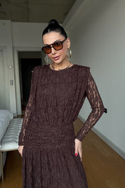 Kahverengi Güpürli Maxi Tasarım Elbise SY-3503-Kahverengi