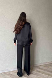 Siyah Saten Düğme Detaylı Gömlek Pantolon Takım SY-2008-Siyah