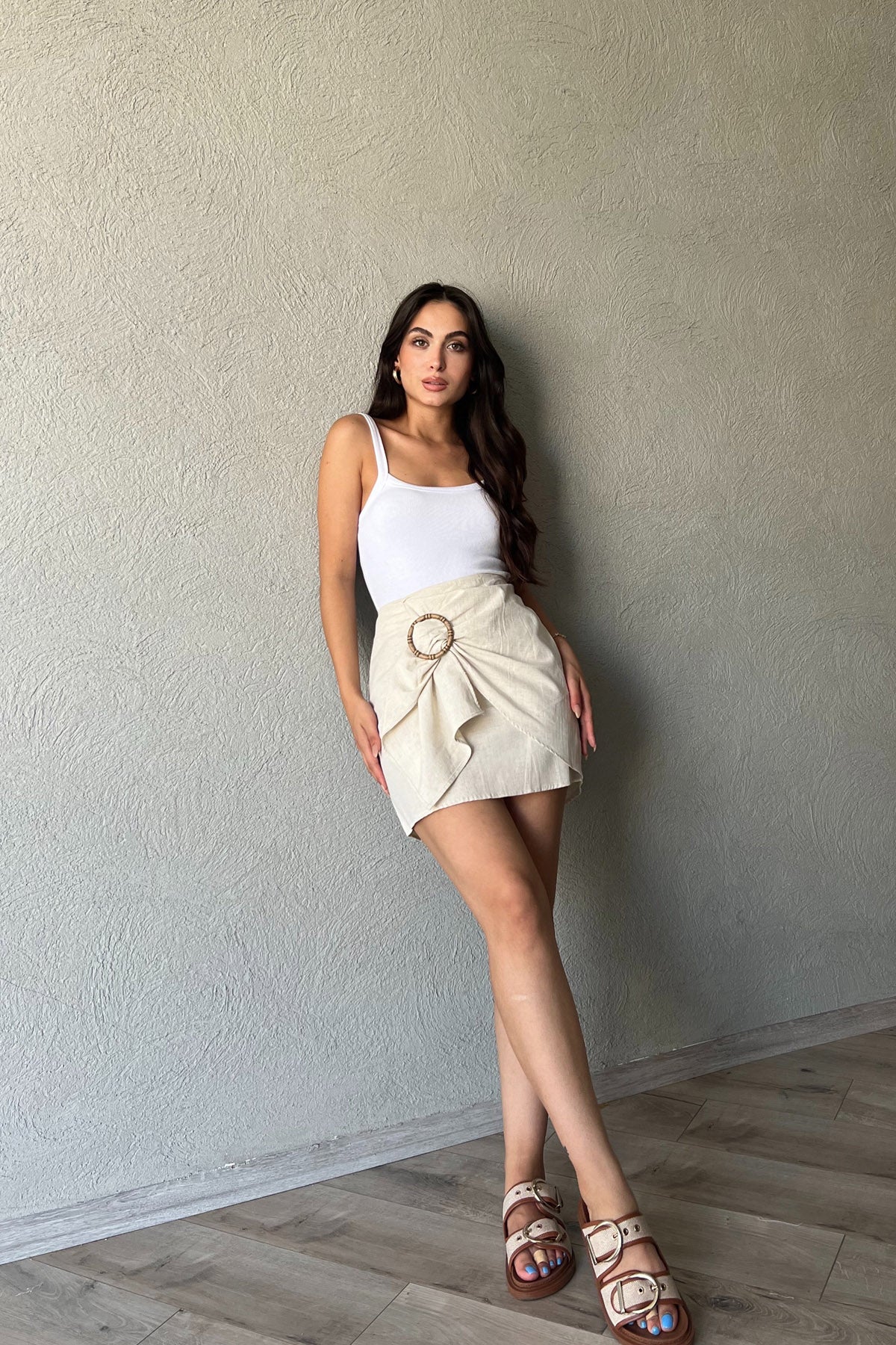 Bej Toka Detaylı Keten Mini Etek SY-2290-Bej