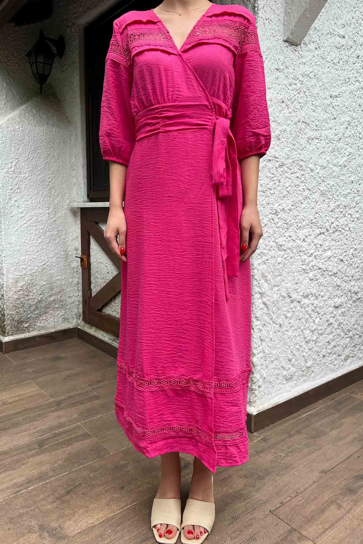 Fuşya Bağlama Detay Yırtmaçlı Elbise SY-2103-Fuşya
