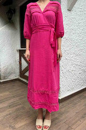 Fuşya Bağlama Detay Yırtmaçlı Elbise SY-2103-Fuşya