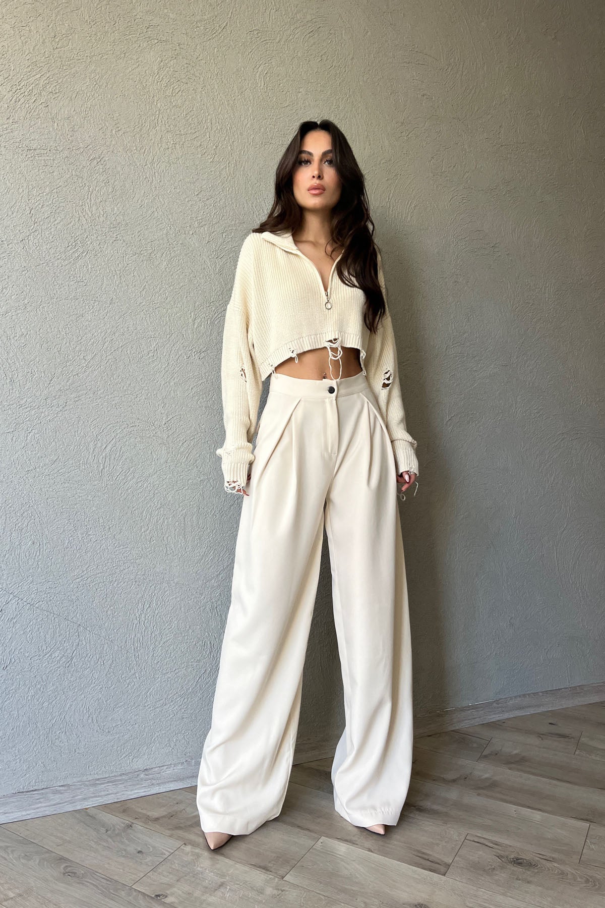 Ekru Yarım Fermuarlı Crop Triko Kazak SY-1547-Ekru