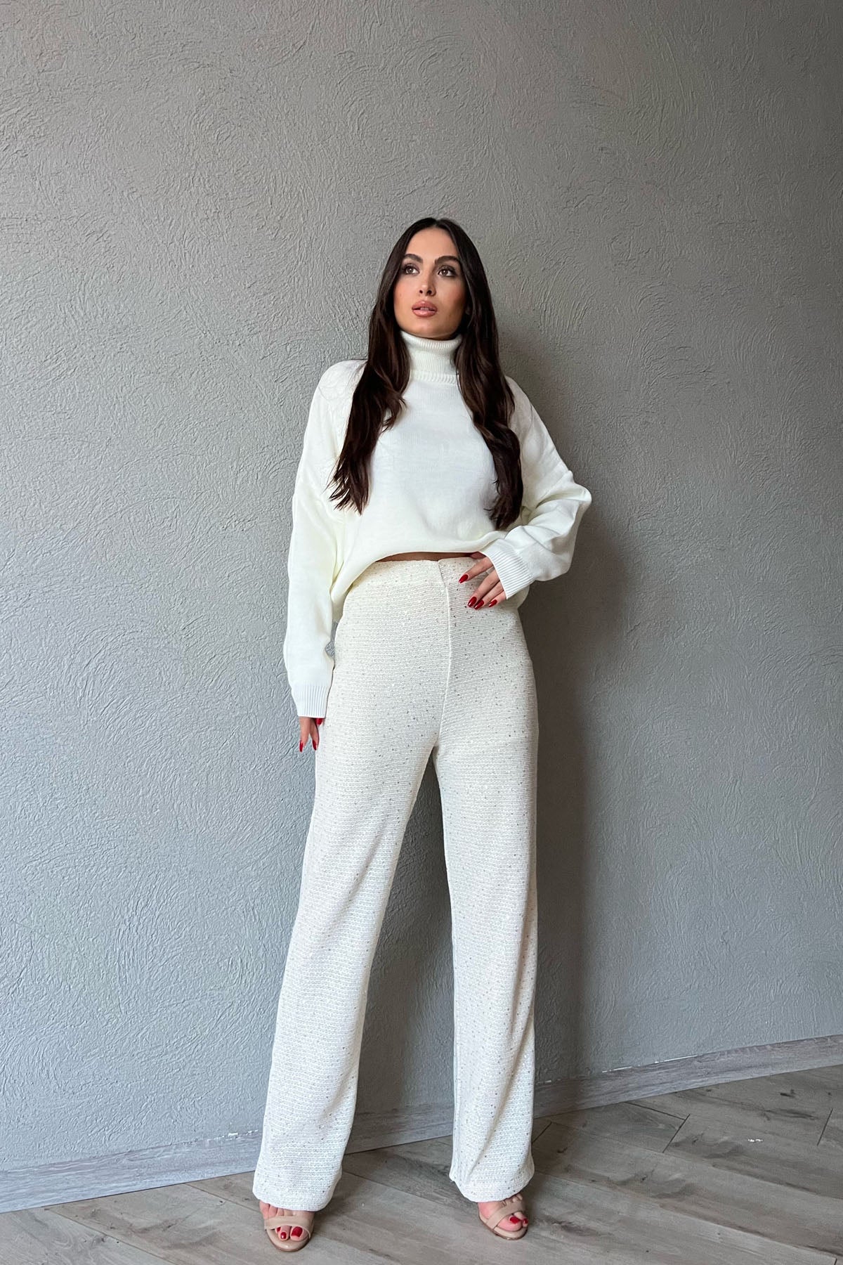 Bej Pullu Beli Lastikli Astarlı Triko Pantolon SY-1324-Bej