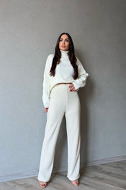 Bej Pullu Beli Lastikli Astarlı Triko Pantolon SY-1324-Bej
