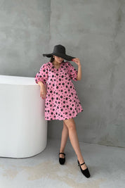 Pembe Çiçek Desenli Balon Kol Mini Elbise SY-3051-Pembe