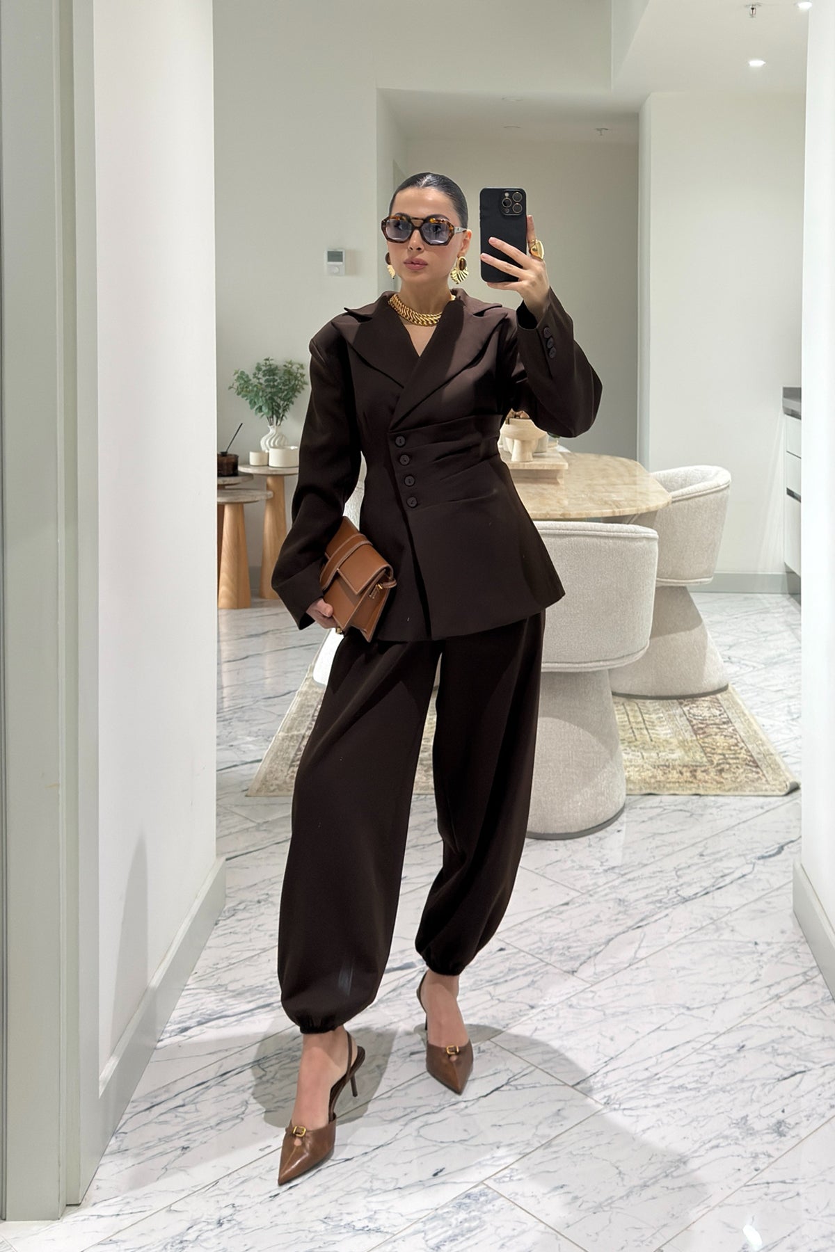 Kahverengi Beli Drapeli Ceket Ve Şalvar Pantolon Takım SY-3608-Kahverengi