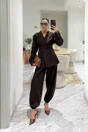 Kahverengi Beli Drapeli Ceket Ve Şalvar Pantolon Takım SY-3608-Kahverengi