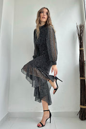 Siyah Puantiyeli Önü Büzgülü Şifon Elbise SY-0100-Siyah