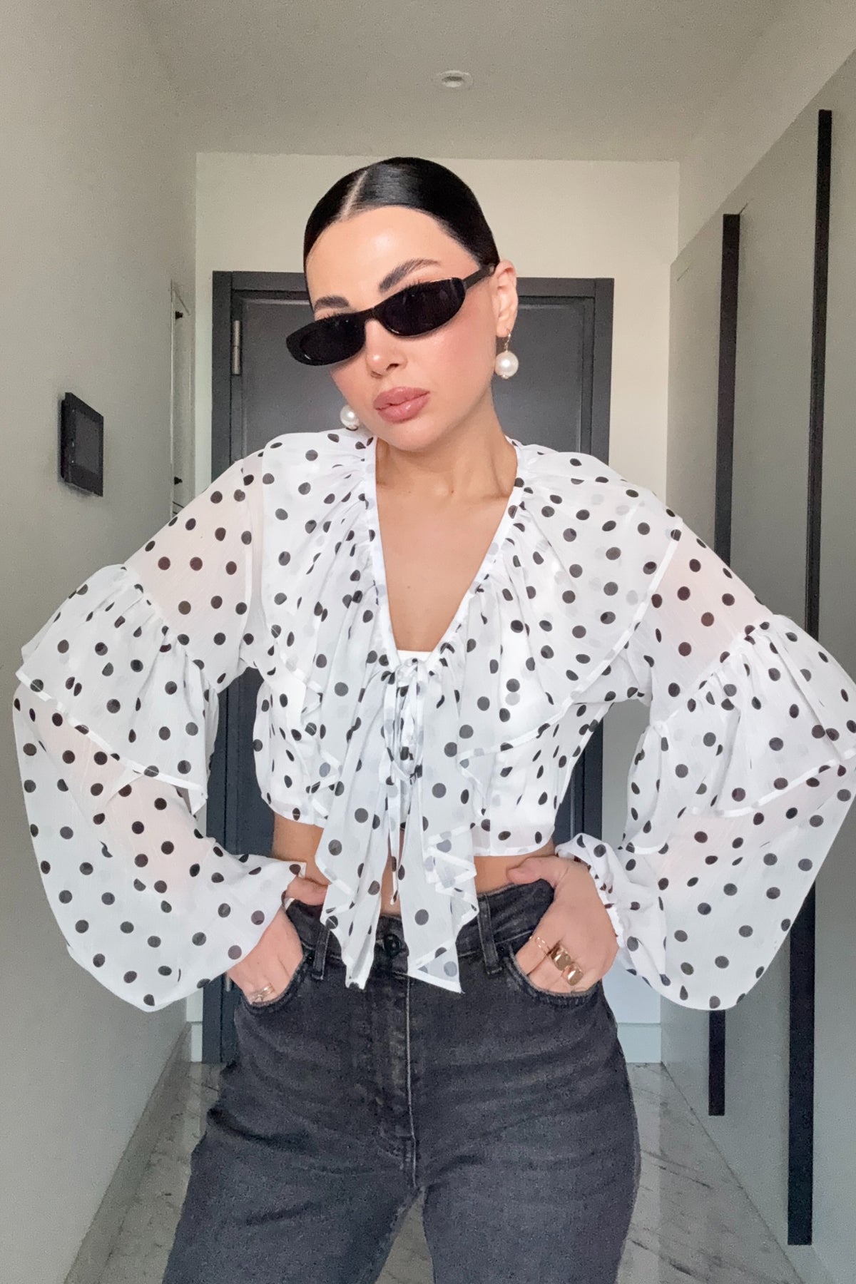 Puantiyeli Crop Bluz Beyaz SY-3699-Beyaz