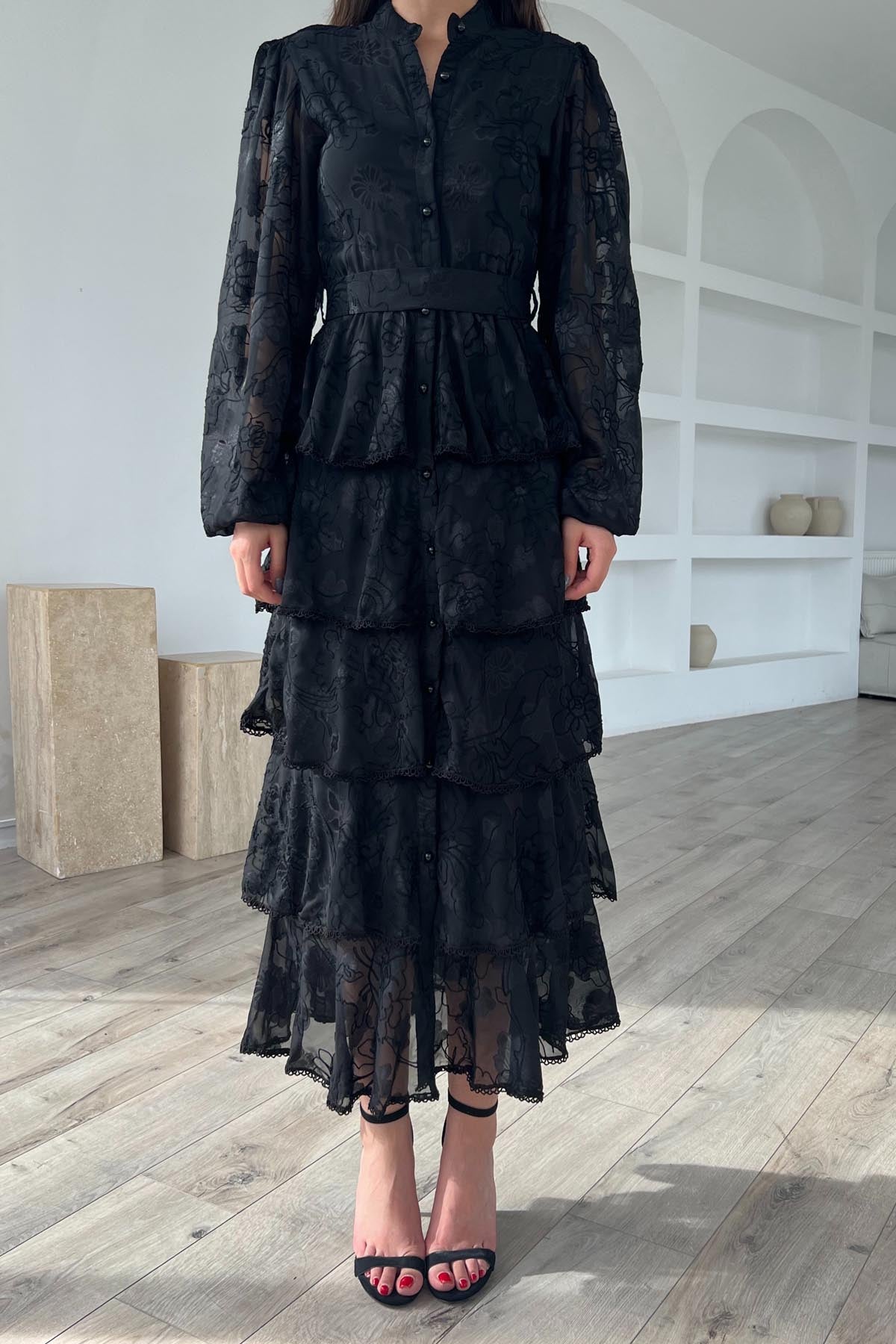 Siyah Valonlu Şerit Detaylı Kat Kat Elbise SY-1747-Siyah