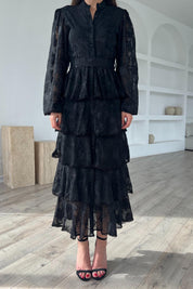 Siyah Valonlu Şerit Detaylı Kat Kat Elbise SY-1747-Siyah