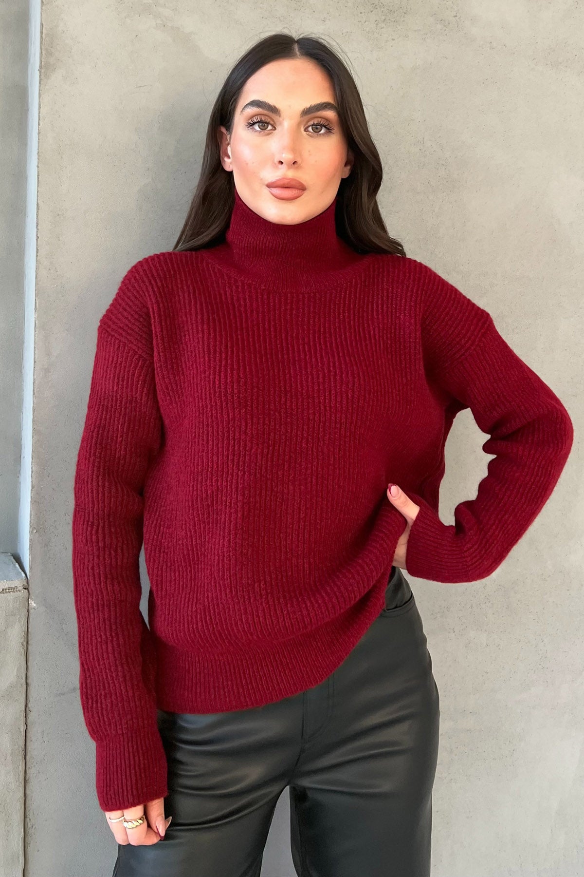 Bordo Balıkçı Yaka Çizgili Kazak SY-2847-Bordo