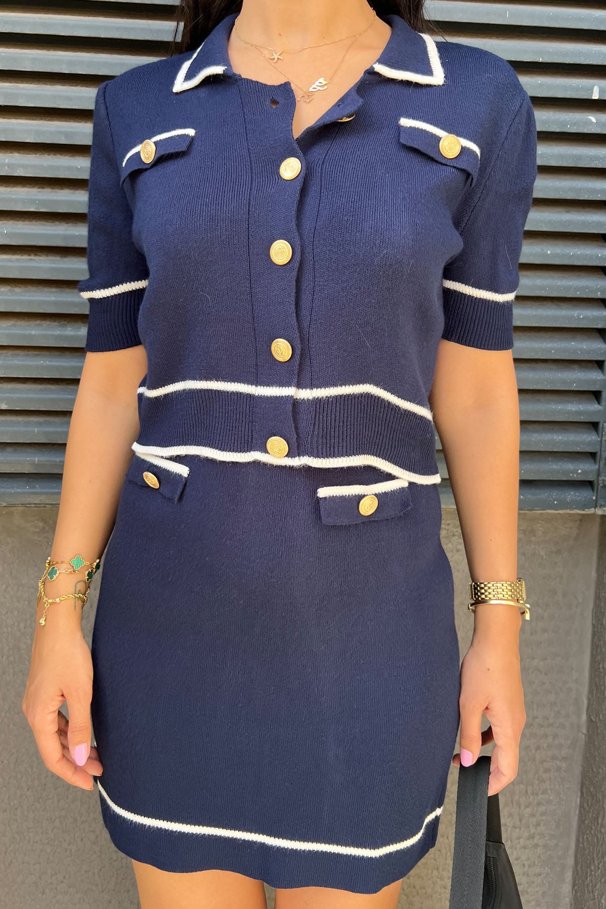 Lacivert Triko Gold Düğmeli T-shirt ve Mini Etek Takım SY-1125-Lacivert