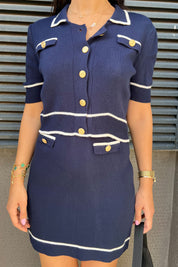 Lacivert Triko Gold Düğmeli T-shirt ve Mini Etek Takım SY-1125-Lacivert