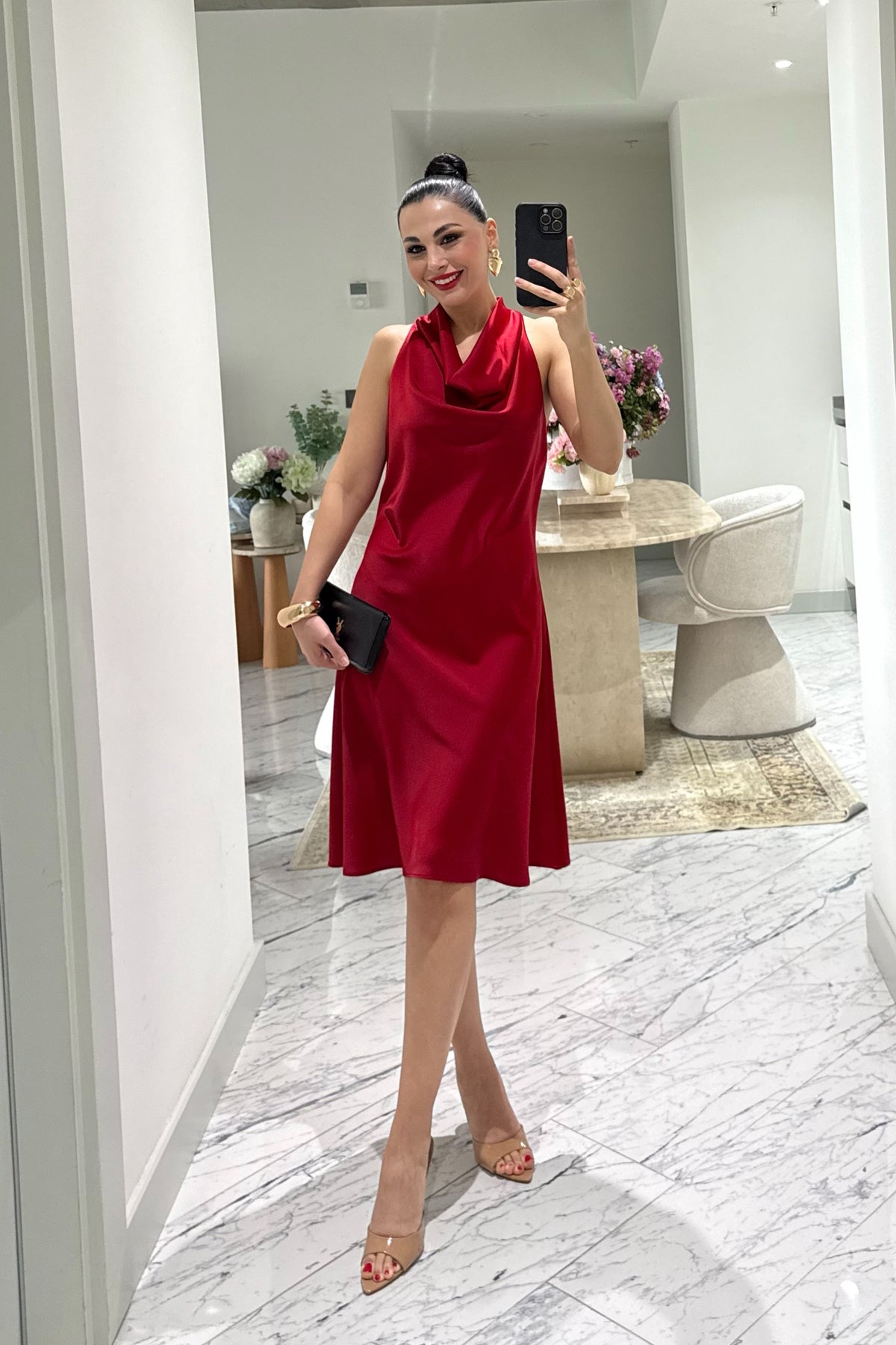 Kırmızı Degaje Yaka Saten Elbise SY-3683-Kırmızı