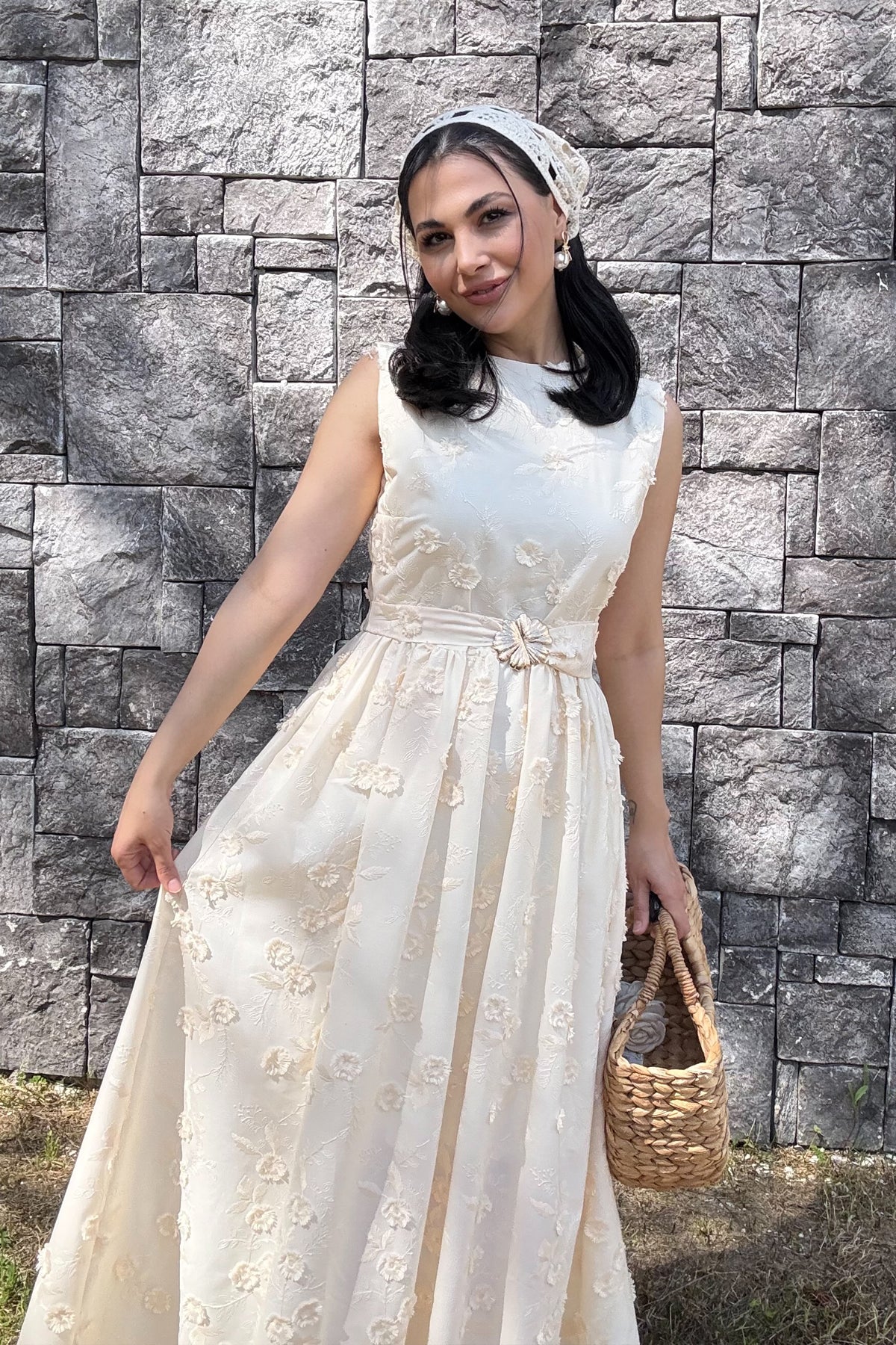 Santorini Çiçek Desenli Midi Elbise-Ekru SY-3661-Ekru