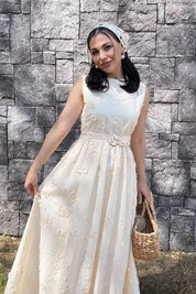 Santorini Çiçek Desenli Midi Elbise-Ekru SY-3661-Ekru
