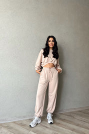 Bej Uzun Kollu Crop Eşofman Takımı SY-1154-Bej