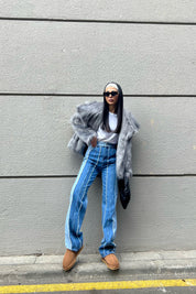 Mavi Çift Renkli Yüksek Bel Normal Paça Jean SY-1589-Mavi