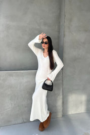 Ekru V Yaka Yırtık Detaylı Triko Uzun Elbise SY-2527-Ekru