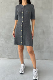 Antrasit Sahte Cep Detaylı Gold Düğmeli Triko Elbise SY-2534-Antrasit
