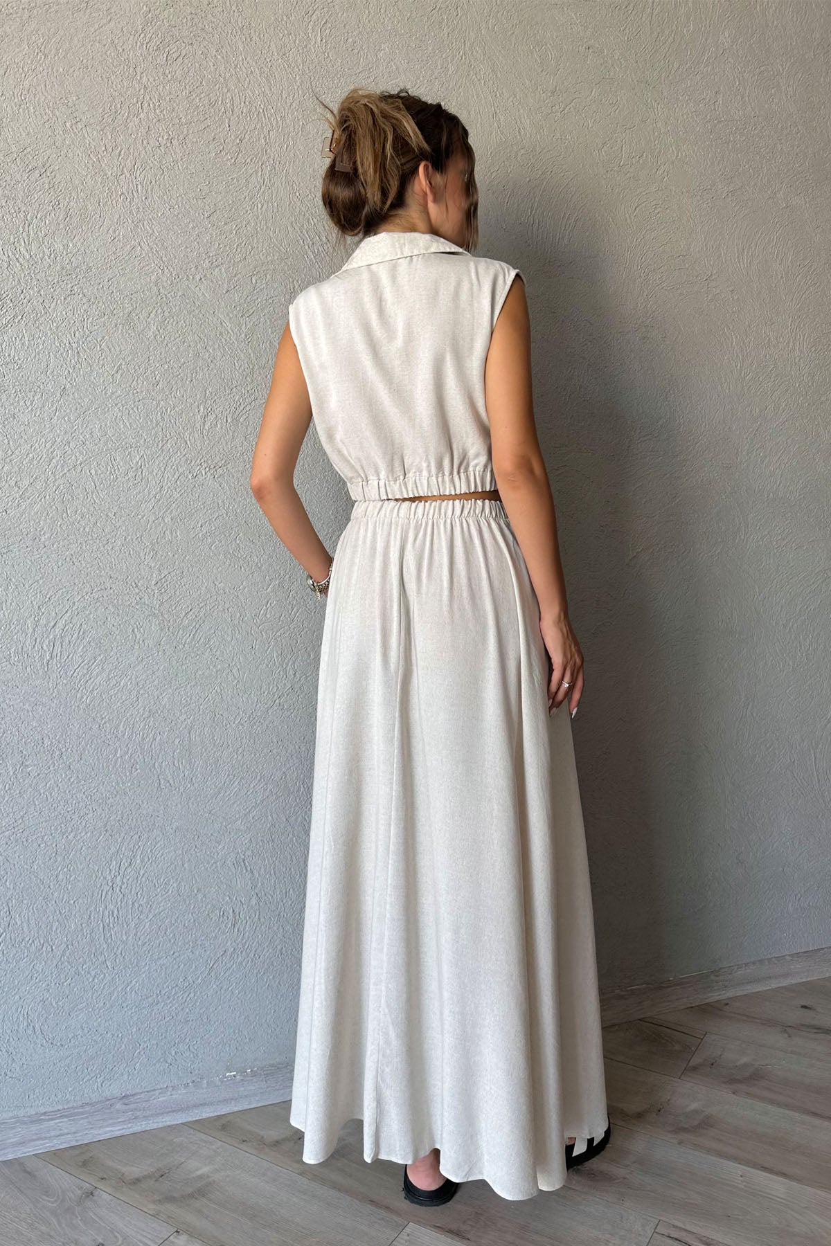 Naturel Keten Gold Düğmeli Bluz ve Etek Takım SY-0759-Naturel
