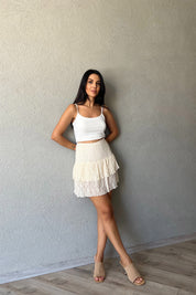 Krem Dantel Detaylı Mini Etek SY-2203-Krem