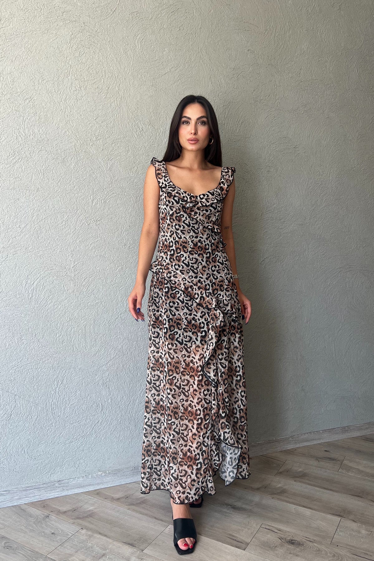 Leopar Fırfırlı Astarlı Tül Elbise SY-2252-Leopar