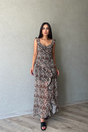 Leopar Fırfırlı Astarlı Tül Elbise SY-2252-Leopar