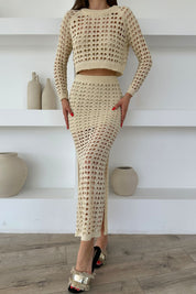 Krem Delikli Triko Bluz ve Etek Takım SY-0482-Krem