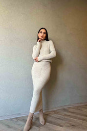 Bej Yarım Balıkçı Yaka Kazak ve Etek Triko Takım SY-1497-Bej