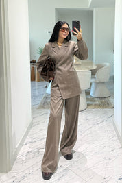 Bej Çizgili Bağlamalı Ceket Ve Pantolon Takım SY-3650-Bej