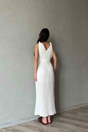 Beyaz Örme Detaylı Müslin Midi Boy Elbise SY-1982-Beyaz