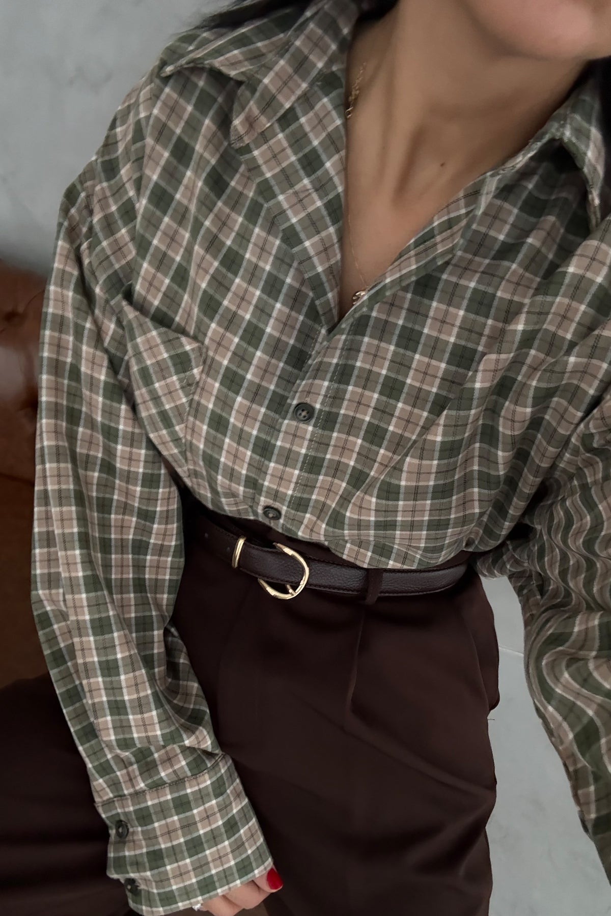 Kadın Yeşil Ekoseli Uzun Kollu Gömlek SY-3437-Yeşil