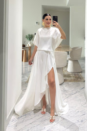 Beyaz Saten Yırtmaçlı Elbise SY-3641-Beyaz