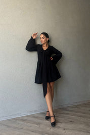 Siyah Mallorca Flare KolluYakası Detaylı Elbise SY-2374-Siyah