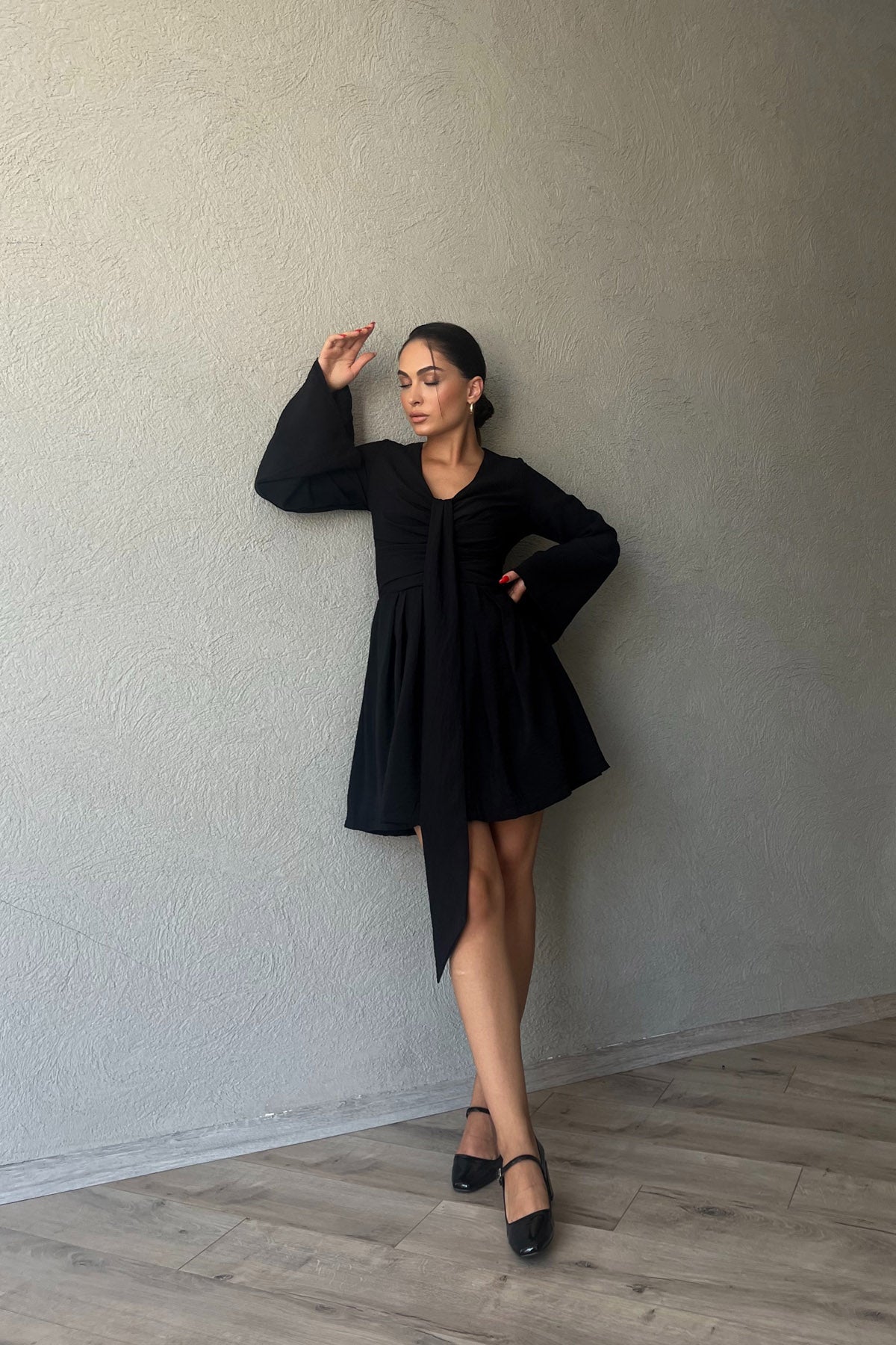Siyah Mallorca Flare KolluYakası Detaylı Elbise SY-2374-Siyah