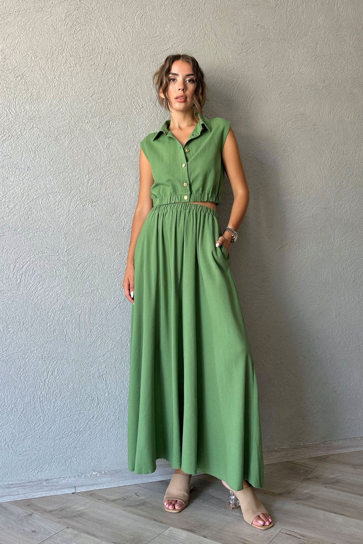 Yeşil Keten Gold Düğmeli Bluz ve Etek Takım SY-0759-Yeşil