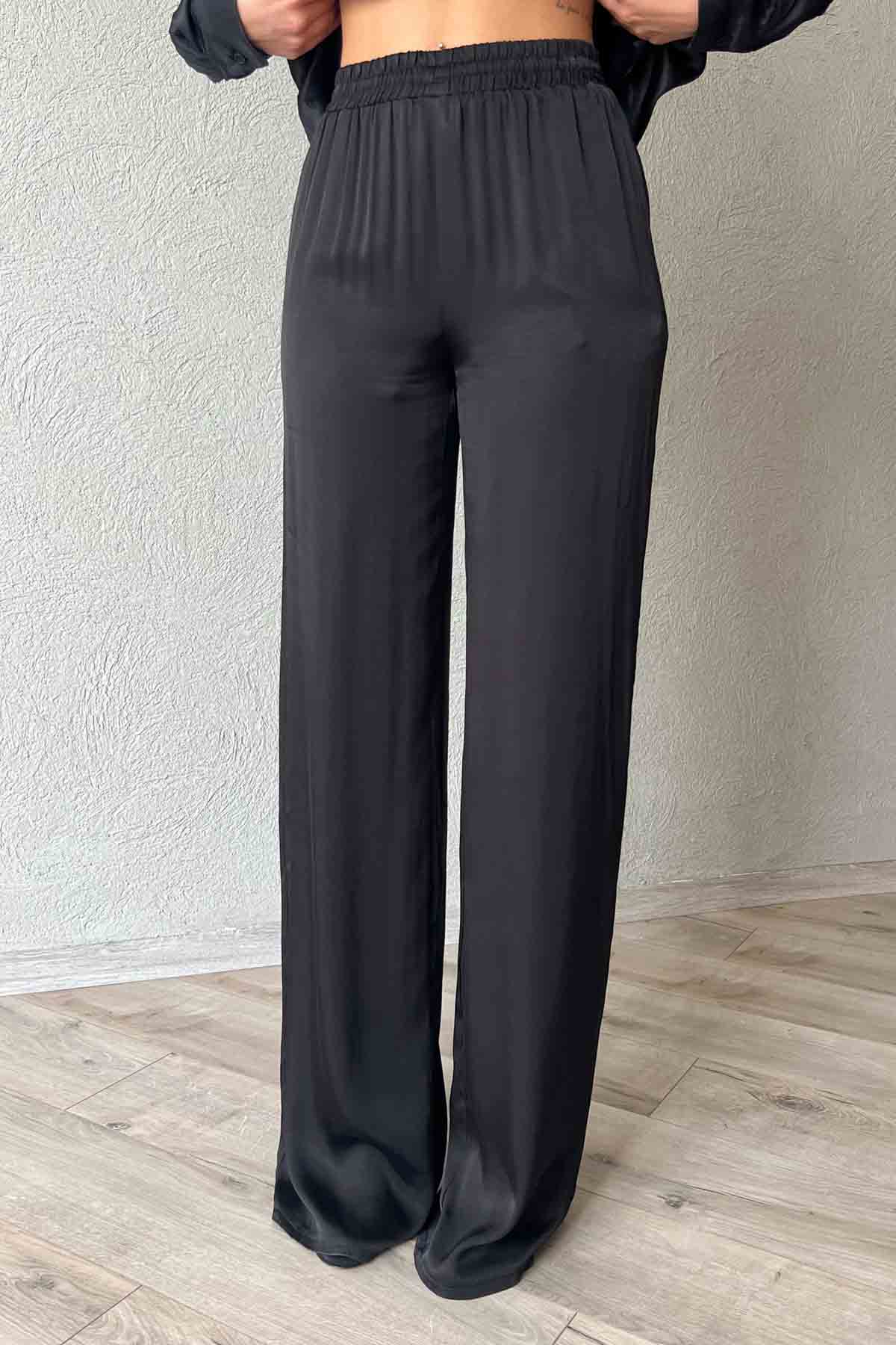 Siyah Saten Düğme Detaylı Gömlek Pantolon Takım SY-2008-Siyah