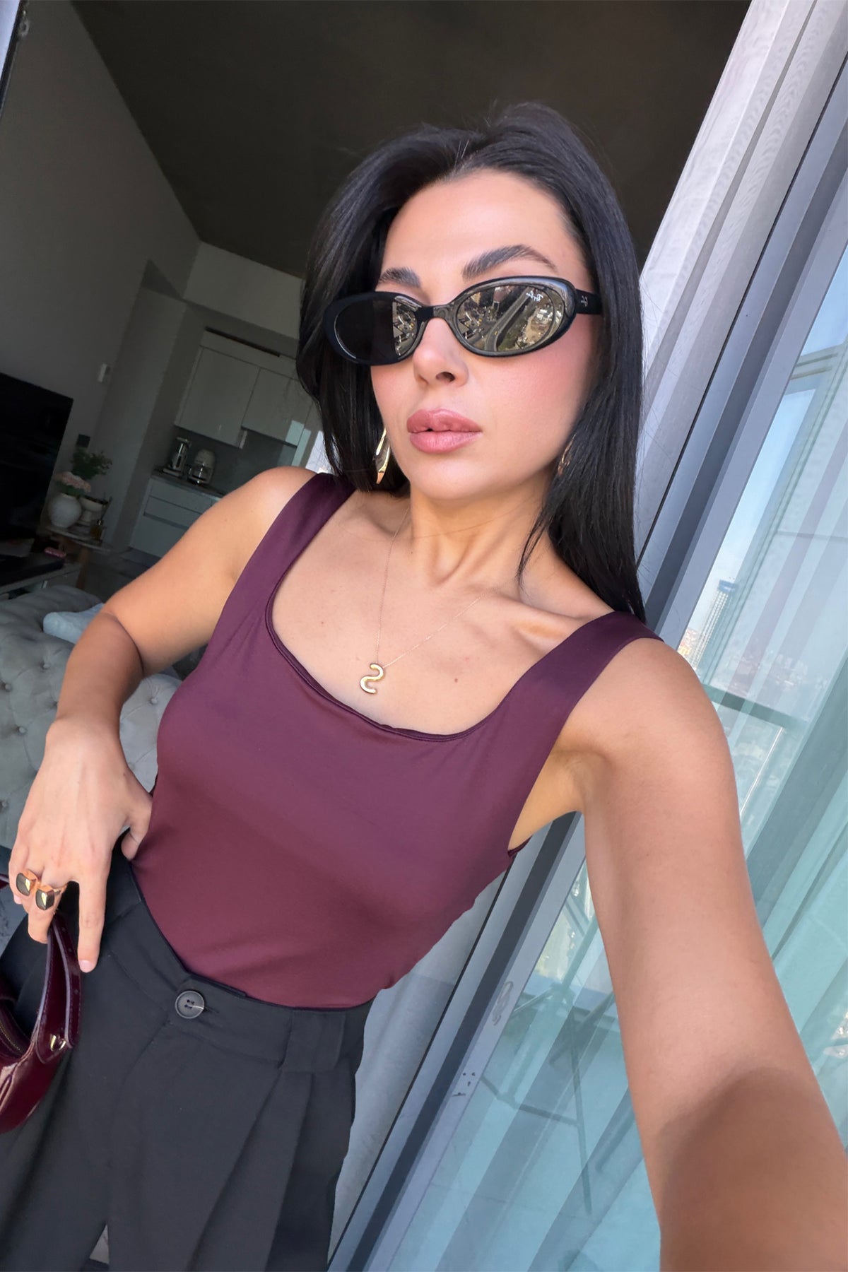 Bordo Kare Yaka Kalın Askılı Basic Bluz SY-3840-Bordo