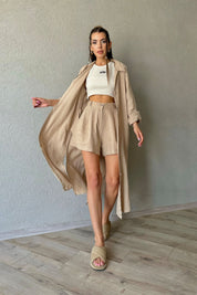 Bej Polo Yaka Düğmeli Yandan Yırtmaçlı Keten Elbise SY-0658-Bej