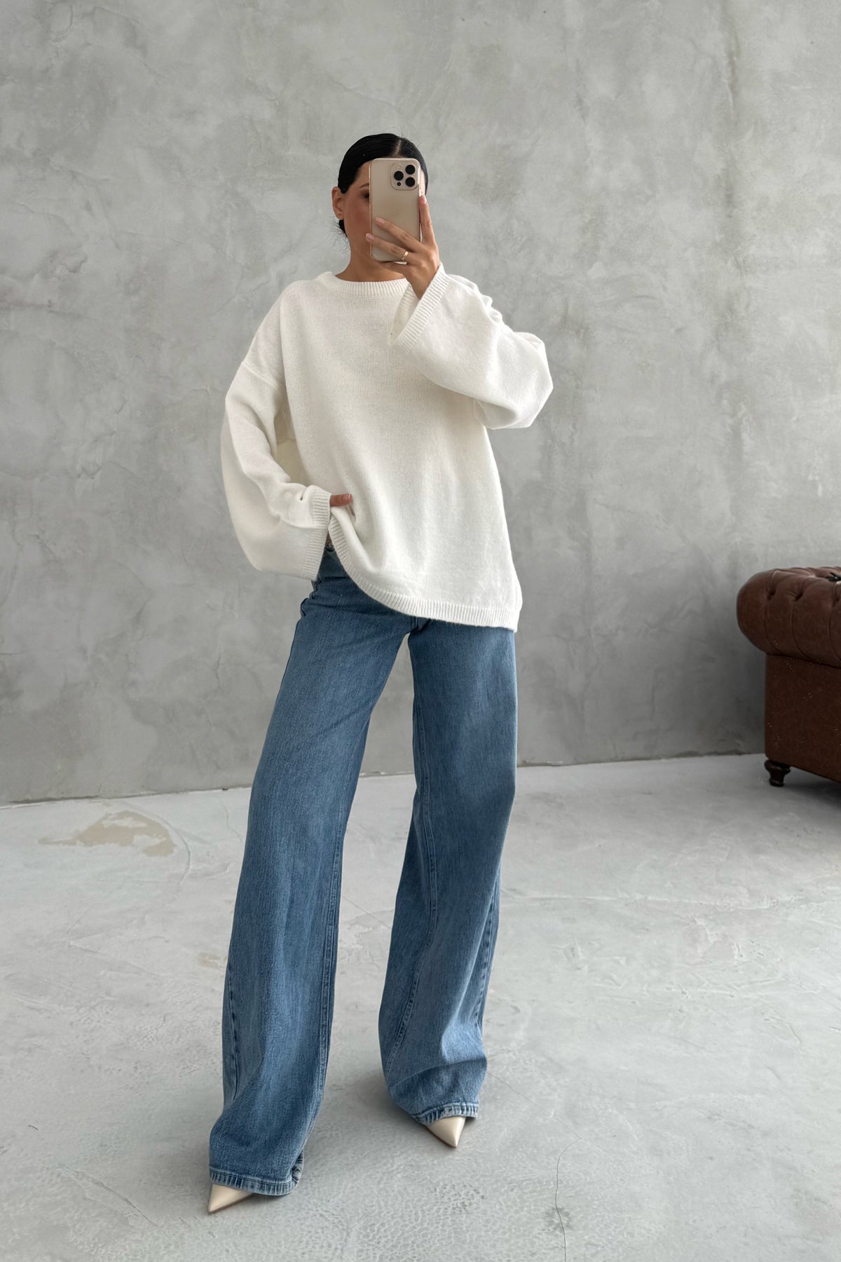 Beyaz Bisiklet Yaka Oversize Pinterest Triko Kazak SY-3343-Beyaz