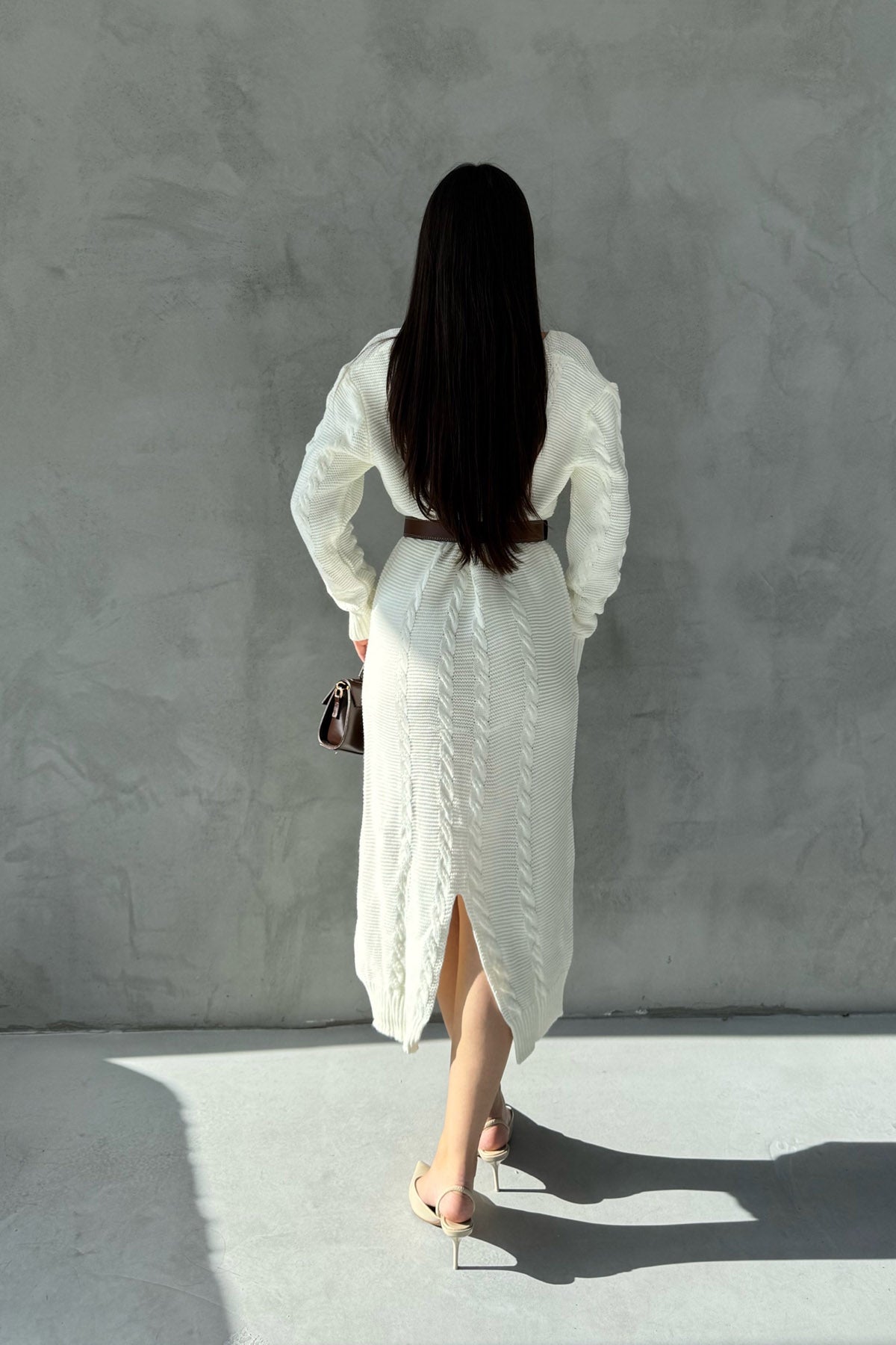 Ekru V Yaka Örgü Triko Elbise SY-2833-Ekru