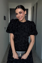 Gül Detaylı Siyah Rosella Özel Tasarım Elbise SY-3519-Siyah